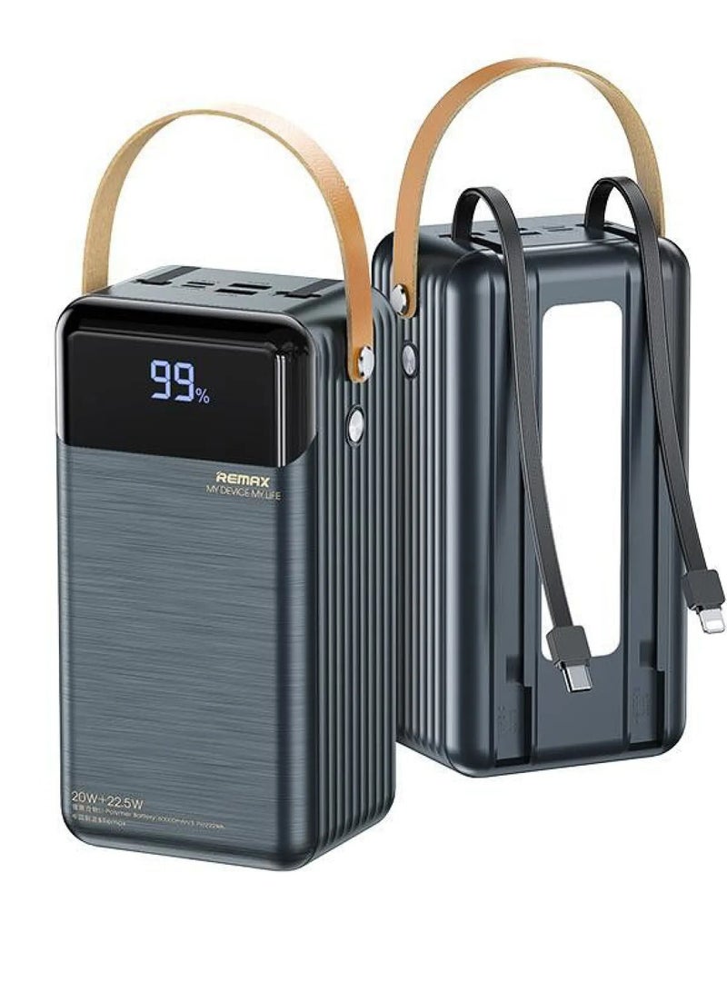 REMAX Lesu II Series RPP-566 Power Bank 80000mAh, charges your phone more than 5 times, equipped with PD 20W + QC 22.5W technology for super-fast charging, 3 USB outputs (including built-in Type-C and Lightning cable), shock and heat resistant body made of high-quality materials, digital display shows battery and charging status, ideal for travel, trips, and charging anywhere without worrying about running out of battery, supports fast charging for iPhone, Android, and gaming devices - Image 2