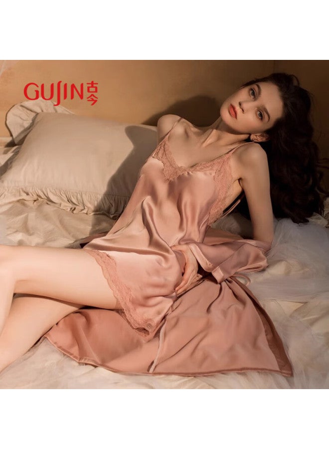 Gujin Spring/summer New Women's Satin Nightgown Ice Silk Thin Temptation Robe Two-piece Set Home Wear - Image 1
