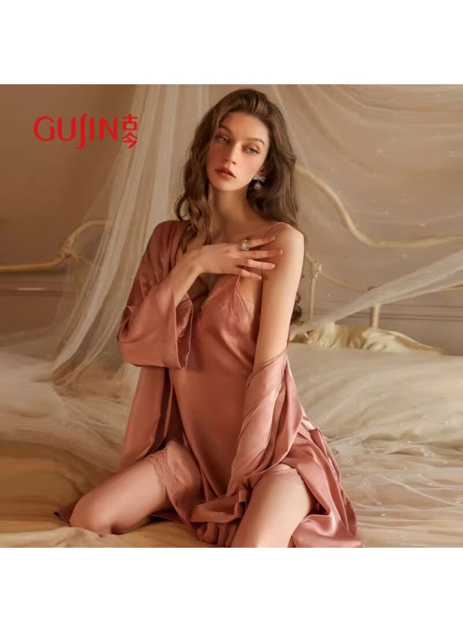Gujin Spring/summer New Women's Satin Nightgown Ice Silk Thin Temptation Robe Two-piece Set Home Wear - Image 4