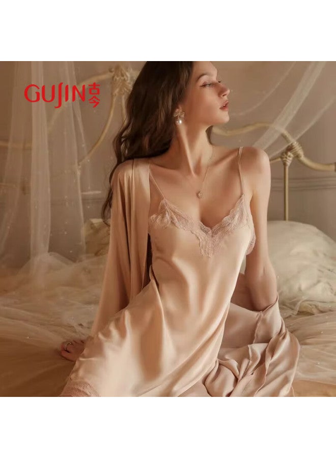 Gujin Spring/summer New Women's Satin Nightgown Ice Silk Thin Temptation Robe Two-piece Set Home Wear - Image 2