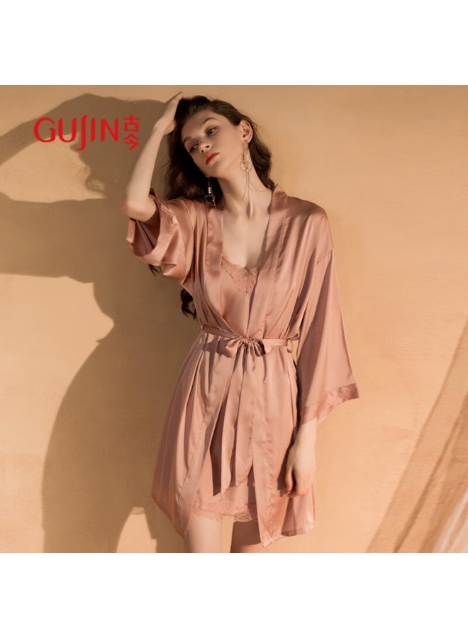 Gujin Spring/summer New Women's Satin Nightgown Ice Silk Thin Temptation Robe Two-piece Set Home Wear - Image 3