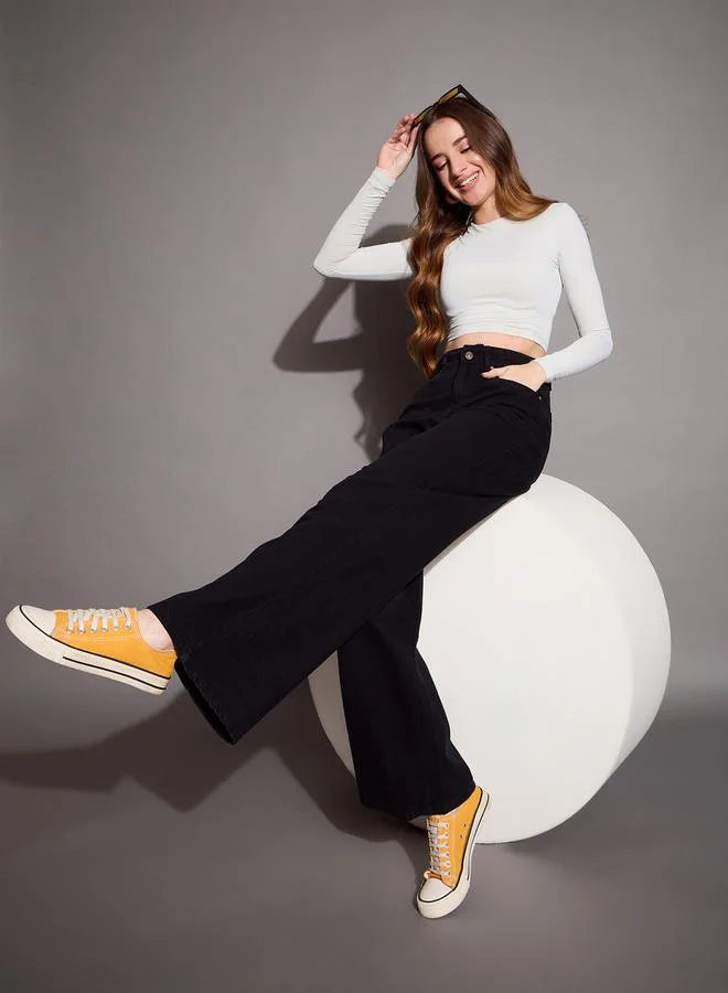 ساسافراس جينز بقصة أرجل واسعة وخصر عالي