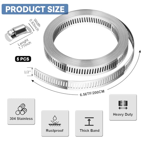 Serplex® 6.6ft Hose Clamp Roll 304 Stainless Steel Hose Clips with 5 Fastening Bolts Attachment Cuttable Hose Clamp Band for Plumbing, Pipe Repairing, DIY - Image 2