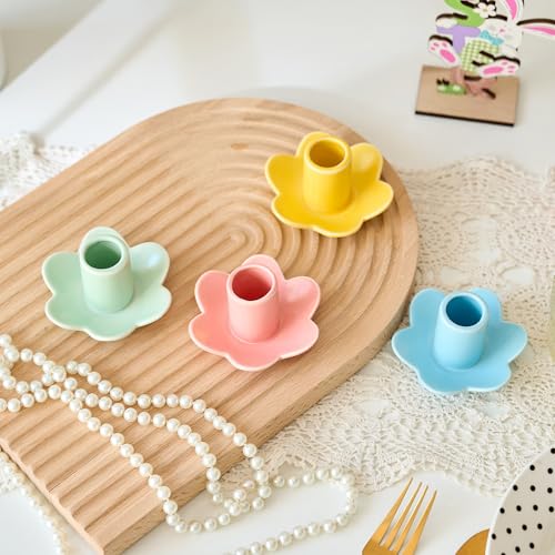 VIRFONOR Colorful Ceramic Candlestick Holders Set of 4, Cute Easter Taper Candle Holders Chic Flower Shaped Table Centerpiece for Wedding Festive Spring Party or Home Decor (Flower Style) - Image 4