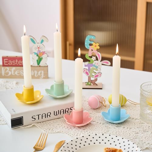 VIRFONOR Colorful Ceramic Candlestick Holders Set of 4, Cute Easter Taper Candle Holders Chic Flower Shaped Table Centerpiece for Wedding Festive Spring Party or Home Decor (Flower Style) - Image 2