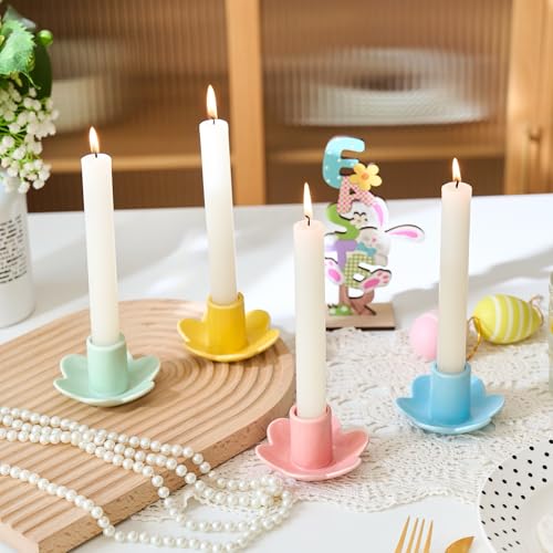 VIRFONOR Colorful Ceramic Candlestick Holders Set of 4, Cute Easter Taper Candle Holders Chic Flower Shaped Table Centerpiece for Wedding Festive Spring Party or Home Decor (Flower Style) - Image 3