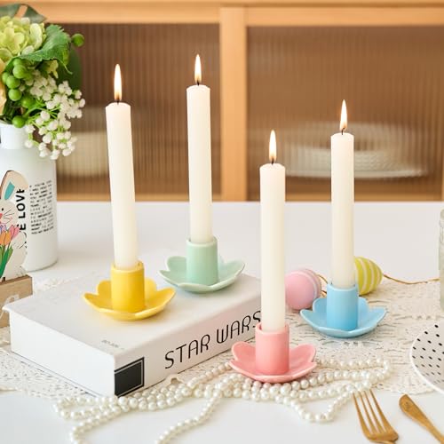 VIRFONOR Colorful Ceramic Candlestick Holders Set of 4, Cute Easter Taper Candle Holders Chic Flower Shaped Table Centerpiece for Wedding Festive Spring Party or Home Decor (Flower Style) - Image 1