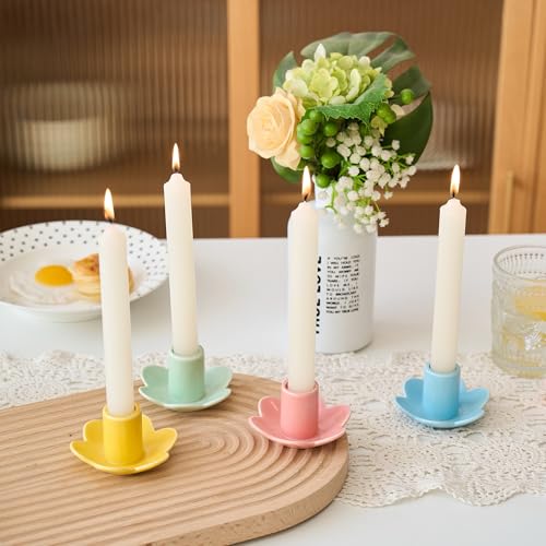 VIRFONOR Colorful Ceramic Candlestick Holders Set of 4, Cute Easter Taper Candle Holders Chic Flower Shaped Table Centerpiece for Wedding Festive Spring Party or Home Decor (Flower Style) - Image 5