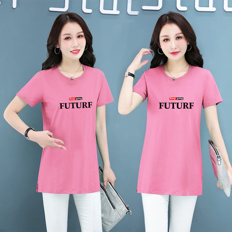 Middle-Aged Mom'S Pure Cotton Stretch Casual Short-Sleeved Mid-Length T-Shirt Women'S Summer Thin Round Neck Loose Meat Covering T-Shirt - Image 3