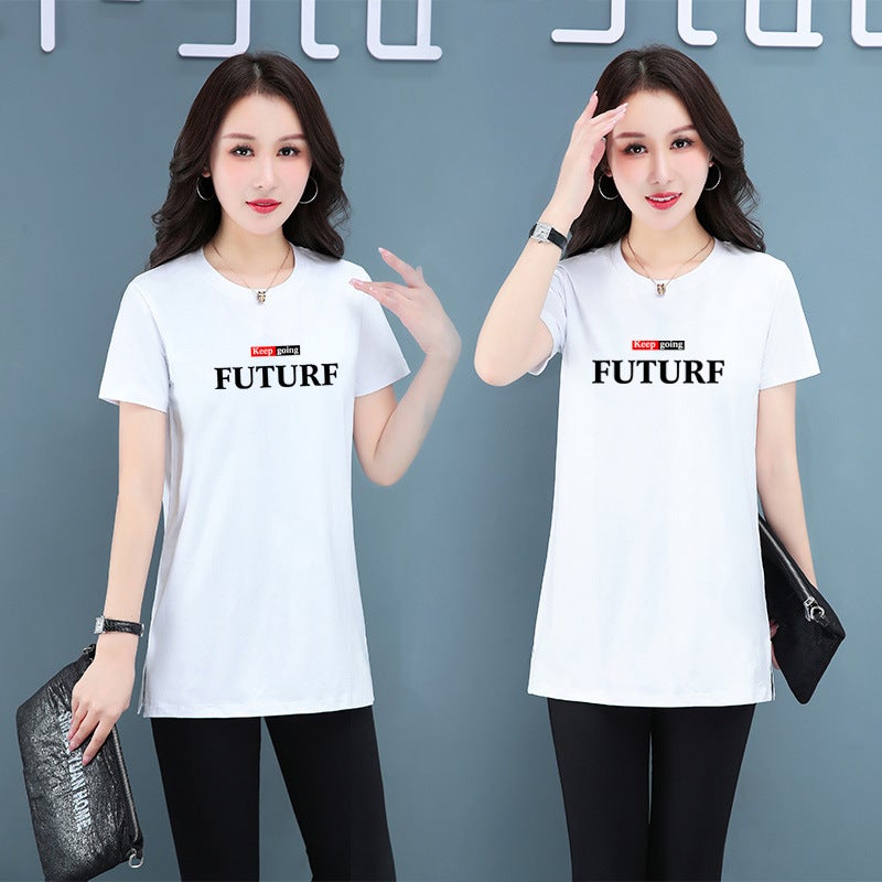 Middle-Aged Mom'S Pure Cotton Stretch Casual Short-Sleeved Mid-Length T-Shirt Women'S Summer Thin Round Neck Loose Meat Covering T-Shirt - Image 2