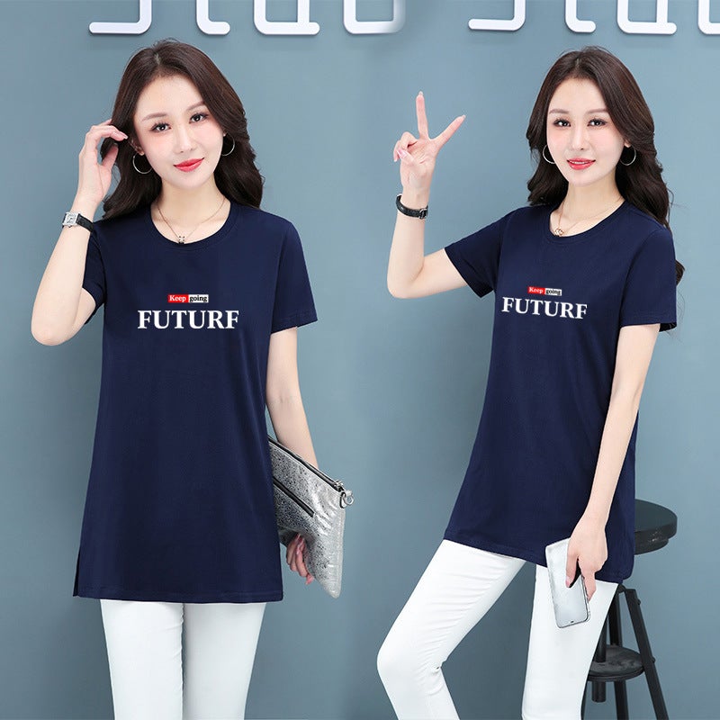 Middle-Aged Mom'S Pure Cotton Stretch Casual Short-Sleeved Mid-Length T-Shirt Women'S Summer Thin Round Neck Loose Meat Covering T-Shirt - Image 4