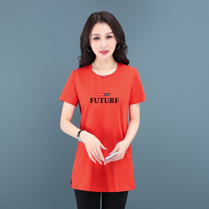 Middle-Aged Mom'S Pure Cotton Stretch Casual Short-Sleeved Mid-Length T-Shirt Women'S Summer Thin Round Neck Loose Meat Covering T-Shirt - Image 1
