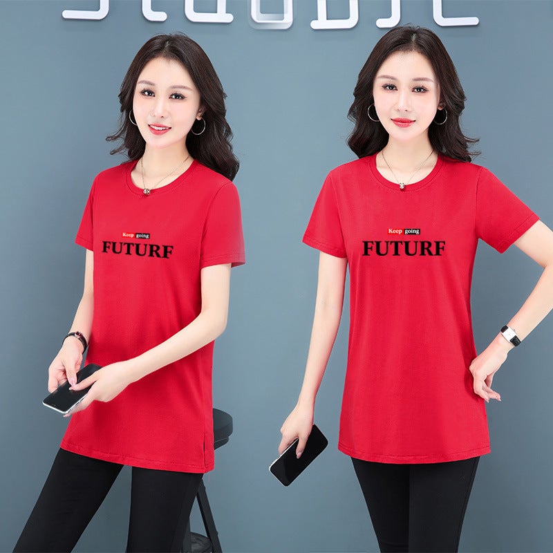 Middle-Aged Mom'S Pure Cotton Stretch Casual Short-Sleeved Mid-Length T-Shirt Women'S Summer Thin Round Neck Loose Meat Covering T-Shirt - Image 5