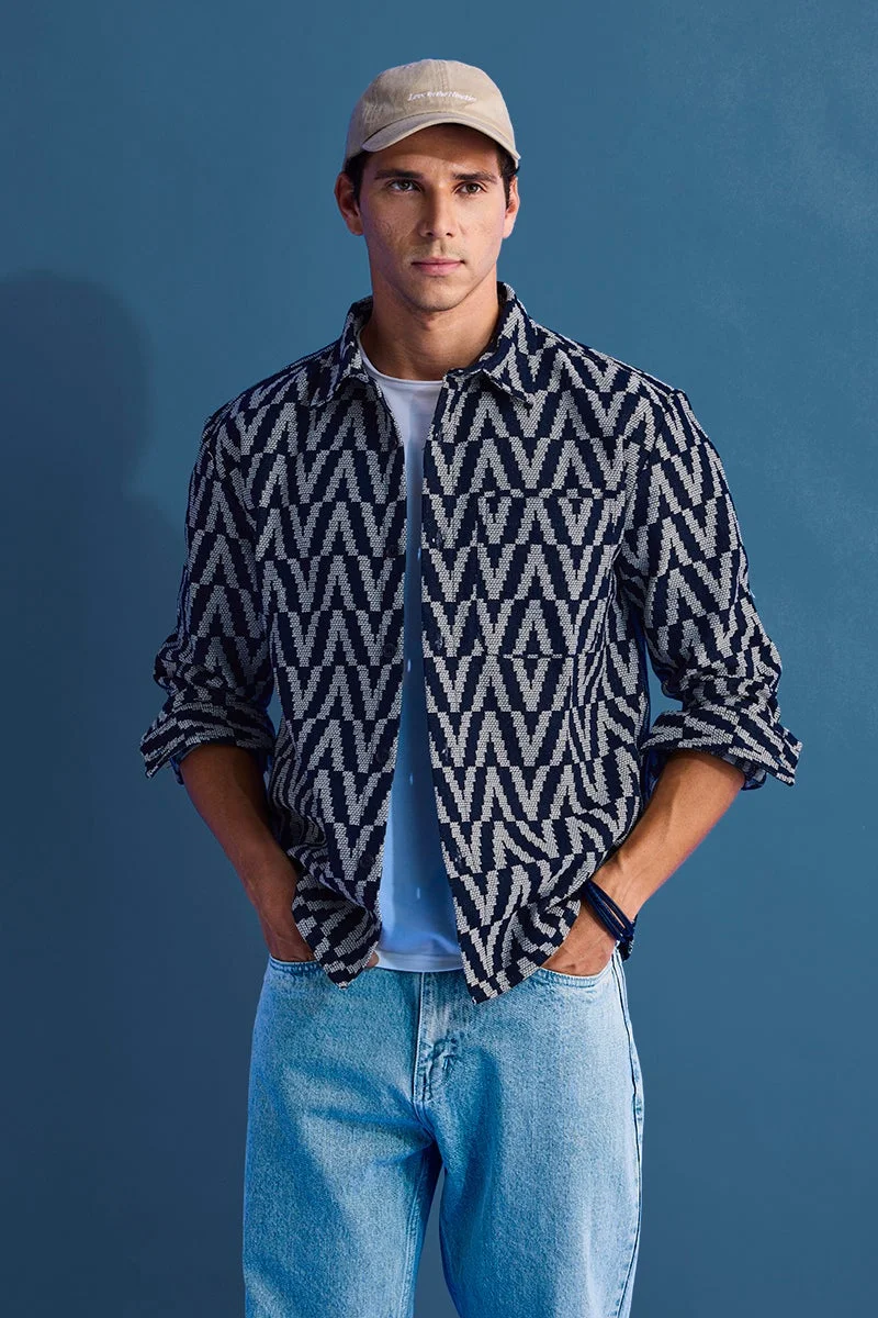 سنيتش Navy Geometric Long Sleeve Relaxed Overshirt
