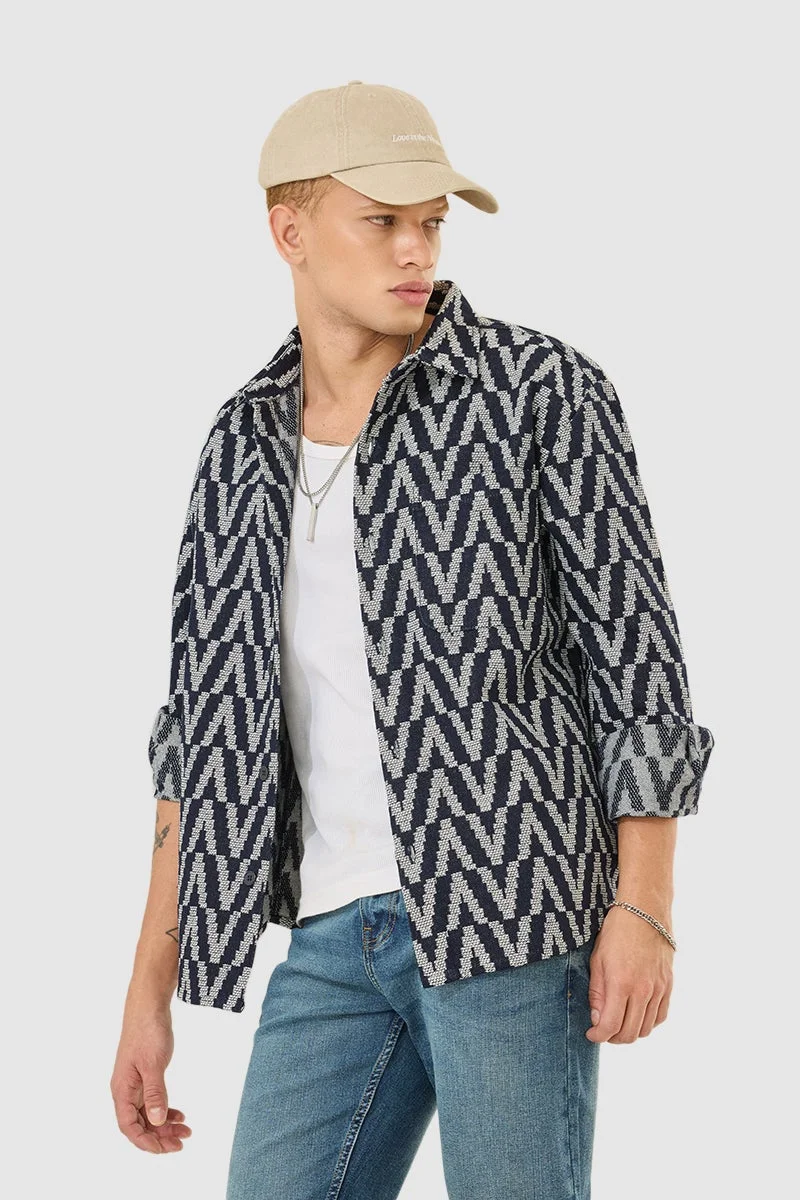 سنيتش Navy Geometric Long Sleeve Relaxed Overshirt