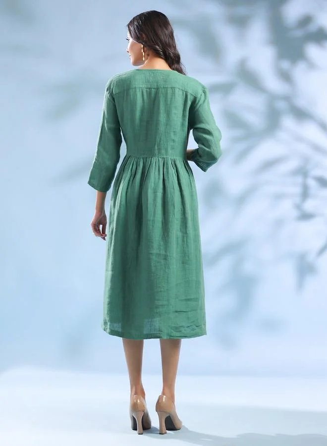 Sanskrutihomes Green Linen Wrap Midi Dress with3/4 Sleeves