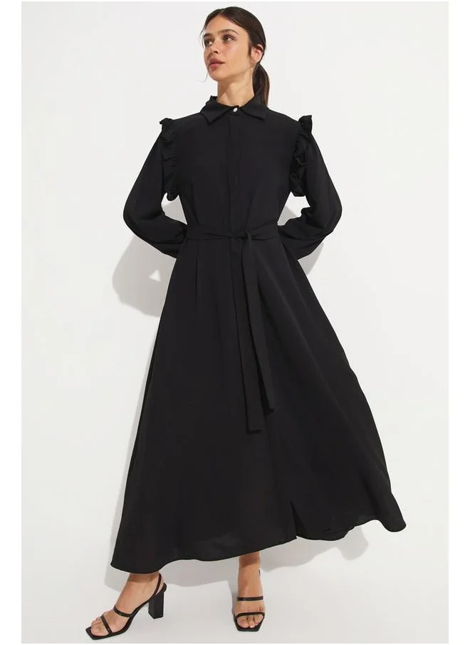 جون June Ruffle Shoulder Balloon Sleeve Dress Black