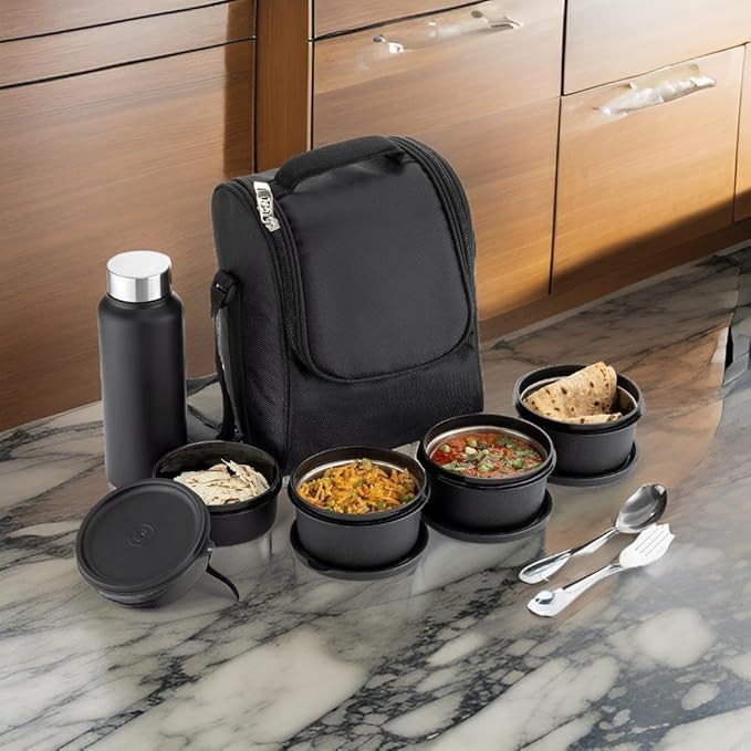 NARIYA Lunch Box with 3 Stainless Steel Microwave Safe Containers with 1 Plastic Container Leak-Proof Tiffin for Office, School, College|Steel Bottle|Easy to Carry|Steel Cutlery Set (Black,1850ml) - Image 3