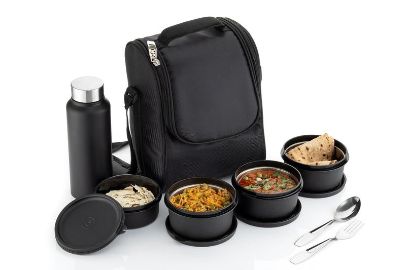 NARIYA Lunch Box with 3 Stainless Steel Microwave Safe Containers with 1 Plastic Container Leak-Proof Tiffin for Office, School, College|Steel Bottle|Easy to Carry|Steel Cutlery Set (Black,1850ml) - Image 1