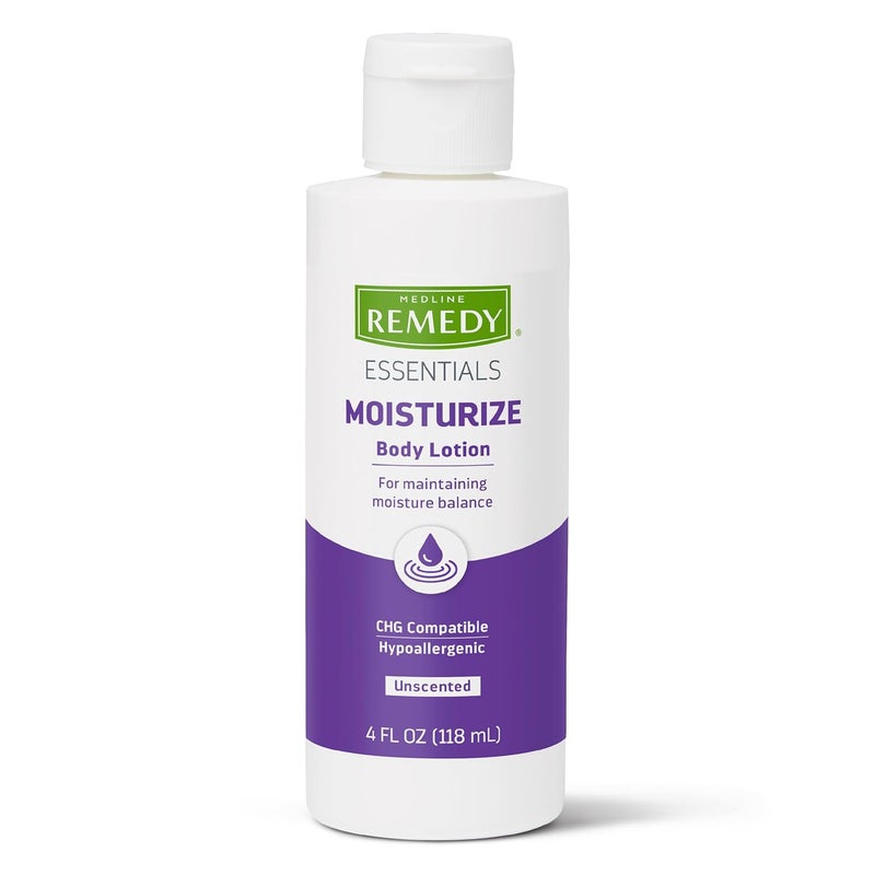 Medline Remedy Essentials Moisturizing Body Lotion 4 oz Bottle Unscented Hydrating NonGreasy For Dry Skin Hypoallergenic Men Women Elderly