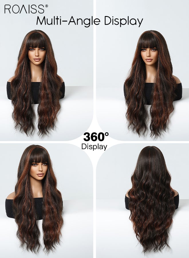 roaiss 27-inch Dark Brown Long Wavy Hair Wig with Bang for Women Natural-looking Wavy Wigs Heat Resistance Synthetic Hair Wig Hairpiece with Hair Net for Cosplay Party Daily Use - Image 3