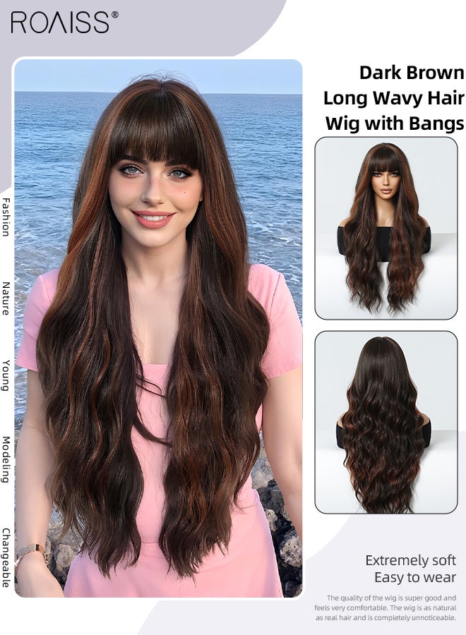 roaiss 27-inch Dark Brown Long Wavy Hair Wig with Bang for Women Natural-looking Wavy Wigs Heat Resistance Synthetic Hair Wig Hairpiece with Hair Net for Cosplay Party Daily Use - Image 1