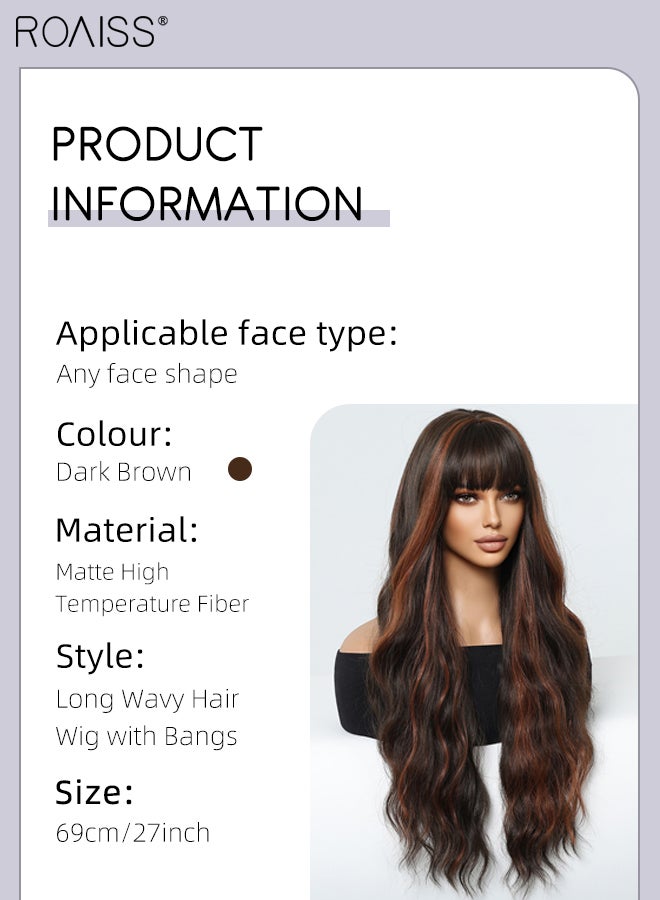 roaiss 27-inch Dark Brown Long Wavy Hair Wig with Bang for Women Natural-looking Wavy Wigs Heat Resistance Synthetic Hair Wig Hairpiece with Hair Net for Cosplay Party Daily Use - Image 2