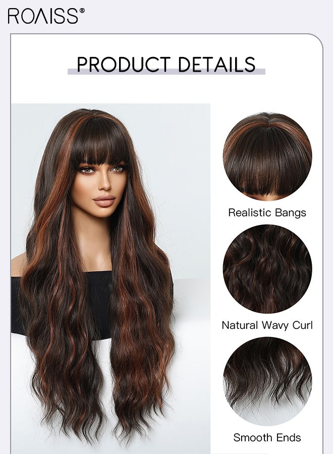 roaiss 27-inch Dark Brown Long Wavy Hair Wig with Bang for Women Natural-looking Wavy Wigs Heat Resistance Synthetic Hair Wig Hairpiece with Hair Net for Cosplay Party Daily Use - Image 4