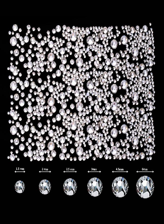 TecUnite 2000 Pieces Flat Back Gems Rhinestones 6 Sizes (1.5-6 Mm) Round Crystal Rhinestones with Pick up Tweezer and Rhinestones Picking Pen for Crafts Nail Clothes Shoes Bags DIY Art (Clear)  - Image 1
