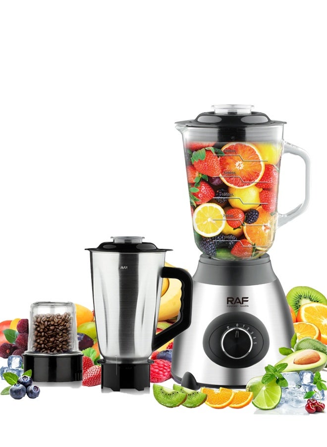 آر إيه أف خلاط 3 في 1 ، بسعة جرة 1.5 لتر ، شفرة ومبيت من الفولاذ المقاوم للصدأ ، 5 سرعات ونبض ، تصميم متعدد الوظائف للمزج والطحن والفرم ، الحماية من الحرارة الزائدة ، 1000 واط R.2871 - Image 1