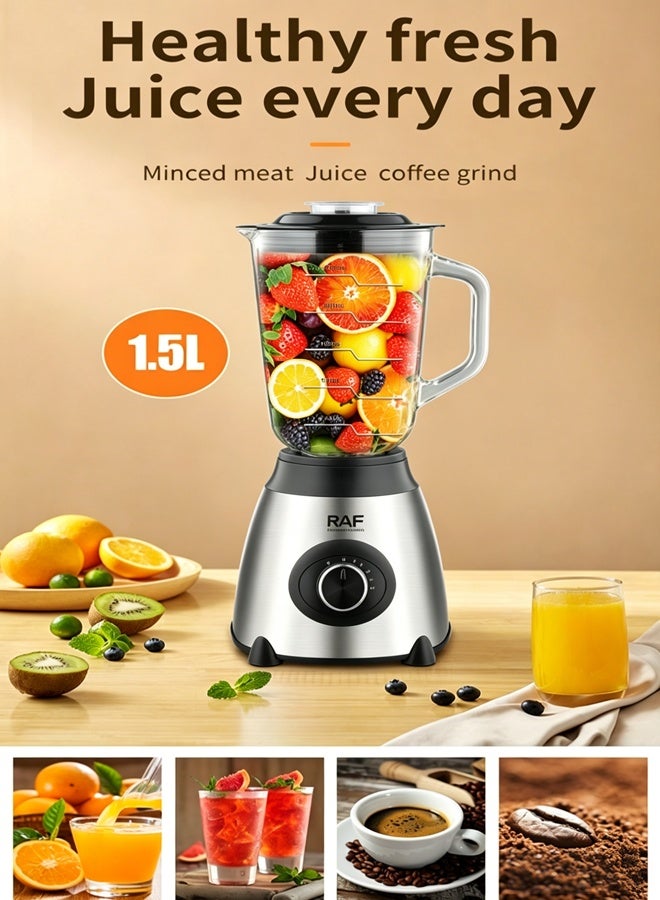 RAF Blenders and Food Processor Combo for Kitchen, 3 in 1 Blender for Shakes and Smoothies, Meat Chopped, Grinding & more, 1.5L Capacity Pitcher & Lid, Stainless Steel Silver,1000W R.2871 - Image 2