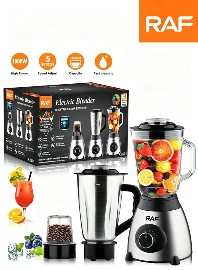 RAF Blenders and Food Processor Combo for Kitchen, 3 in 1 Blender for Shakes and Smoothies, Meat Chopped, Grinding & more, 1.5L Capacity Pitcher & Lid, Stainless Steel Silver,1000W R.2871 - Image 1