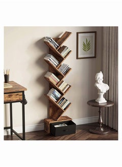 Chulovs Tree Bookshelf with Drawer, 8 Shelf Rustic, Retro Wood Storage Rack for CDs/Movies/Books, Ladder Shelf, Utility Organizer Shelves for Living Room, Bedroom, Home Office  - Image 2