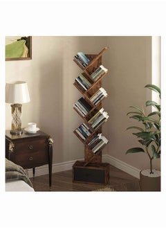Chulovs Tree Bookshelf with Drawer, 8 Shelf Rustic, Retro Wood Storage Rack for CDs/Movies/Books, Ladder Shelf, Utility Organizer Shelves for Living Room, Bedroom, Home Office  - Image 5