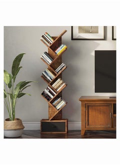 Chulovs Tree Bookshelf with Drawer, 8 Shelf Rustic, Retro Wood Storage Rack for CDs/Movies/Books, Ladder Shelf, Utility Organizer Shelves for Living Room, Bedroom, Home Office  - Image 4