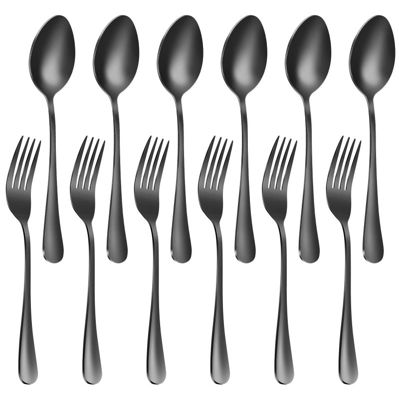 12 Pieces Spoons and Forks Set Black Food Grade Stainless Steel Flatware Cutlery Set 6 Forks and 6 Spoons Silverware Set for Home Kitchen RestaurantMirror Polished Dishwasher SafeBlack