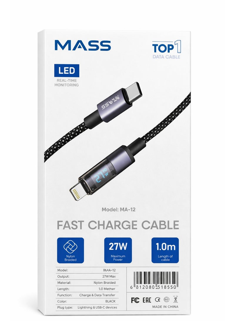 ماس كابل USB-C إلى Lightning بقوة 27 واط مع شاشة LED رقمية (1 متر) - شحن سريع بتقنية PD، مضفر من النايلون - الموديل: MA-12، لأجهزة iPhone و iPad بتصميم مضفر من القماش - ضمان محلي لمدة عام - Image 1