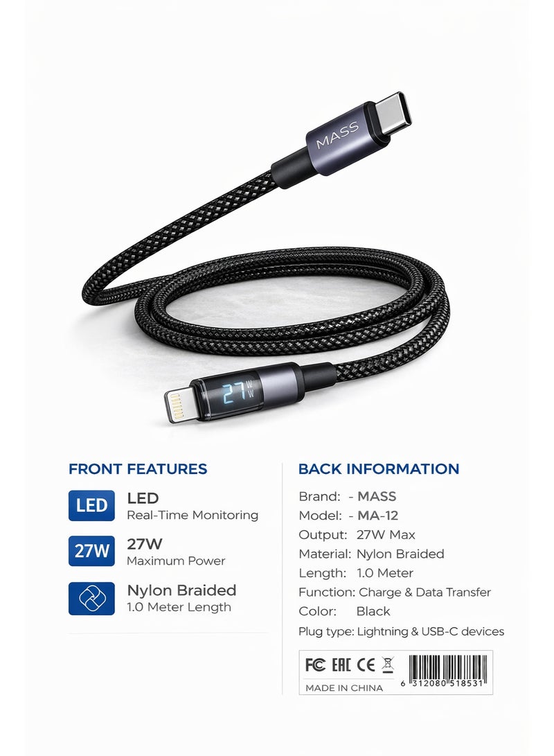 ماس كابل USB-C إلى Lightning بقوة 27 واط مع شاشة LED رقمية (1 متر) - شحن سريع بتقنية PD، مضفر من النايلون - الموديل: MA-12، لأجهزة iPhone و iPad بتصميم مضفر من القماش - ضمان محلي لمدة عام - Image 3