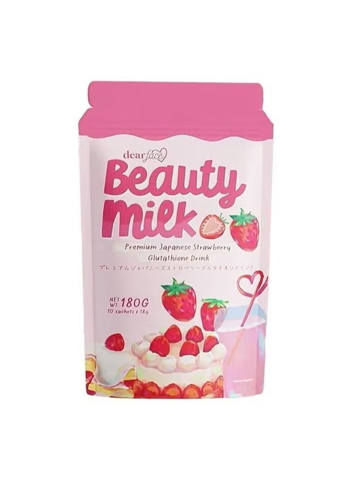 Dear Face Beauty Milk Japanese Strawberry Collagen & Glutathione Drink – 10 Sachets (180g) - Image 1