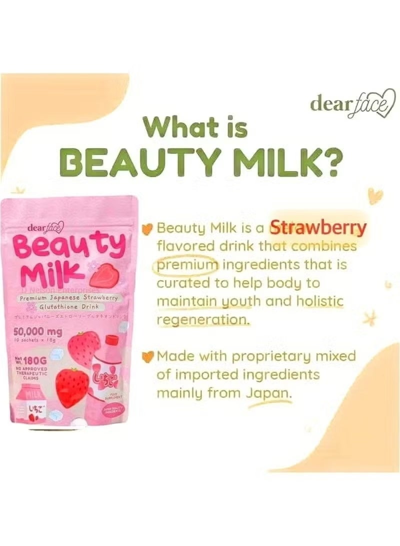 Dear Face Beauty Milk Japanese Strawberry Collagen & Glutathione Drink – 10 Sachets (180g) - Image 4