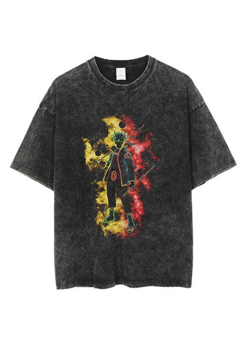 Washed retro T-shirt street hip hop anime Naruto casual cotton summer short sleeves - Image 1