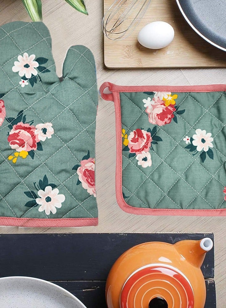 بيفت قفازات البستان وحامل الوعاء - زهور خضراء ووردية - Image 1