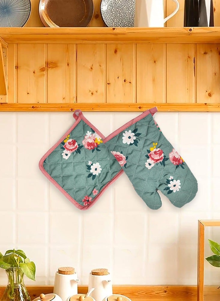 بيفت قفازات البستان وحامل الوعاء - زهور خضراء ووردية - Image 4