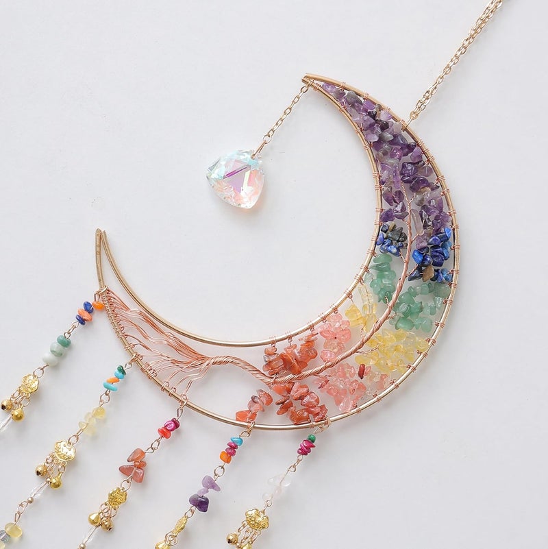 Dreamsum 7 Chakra Wind Chimes Tree of Life Agate Moon Dream Catchers Hanging Ornament Natural Gem Agate Slice Crystal Wind Chime for Home Garden Decoration (Color) - Image 4
