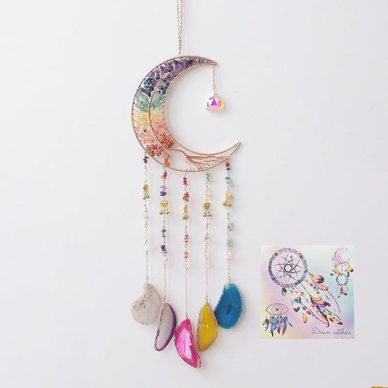 Dreamsum 7 Chakra Wind Chimes Tree of Life Agate Moon Dream Catchers Hanging Ornament Natural Gem Agate Slice Crystal Wind Chime for Home Garden Decoration (Color) - Image 1