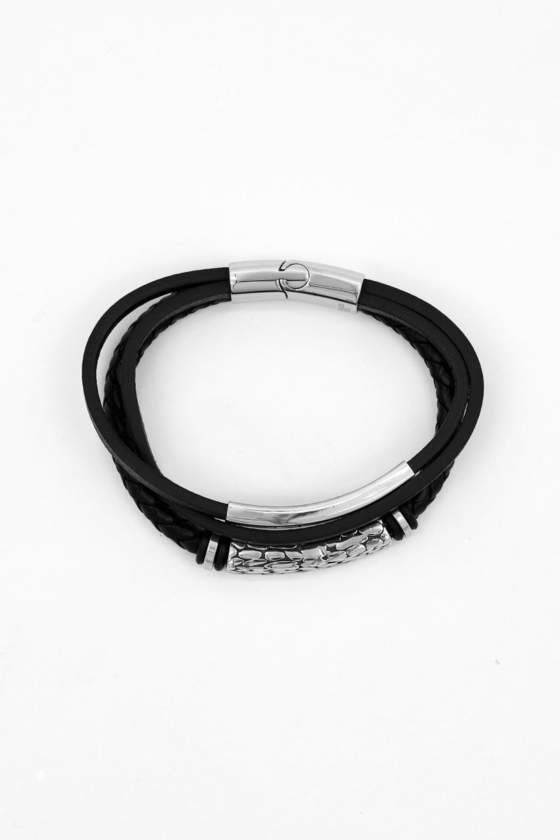 Steeltime Men Leather Braided Layered Bracelet, Black - Image 4