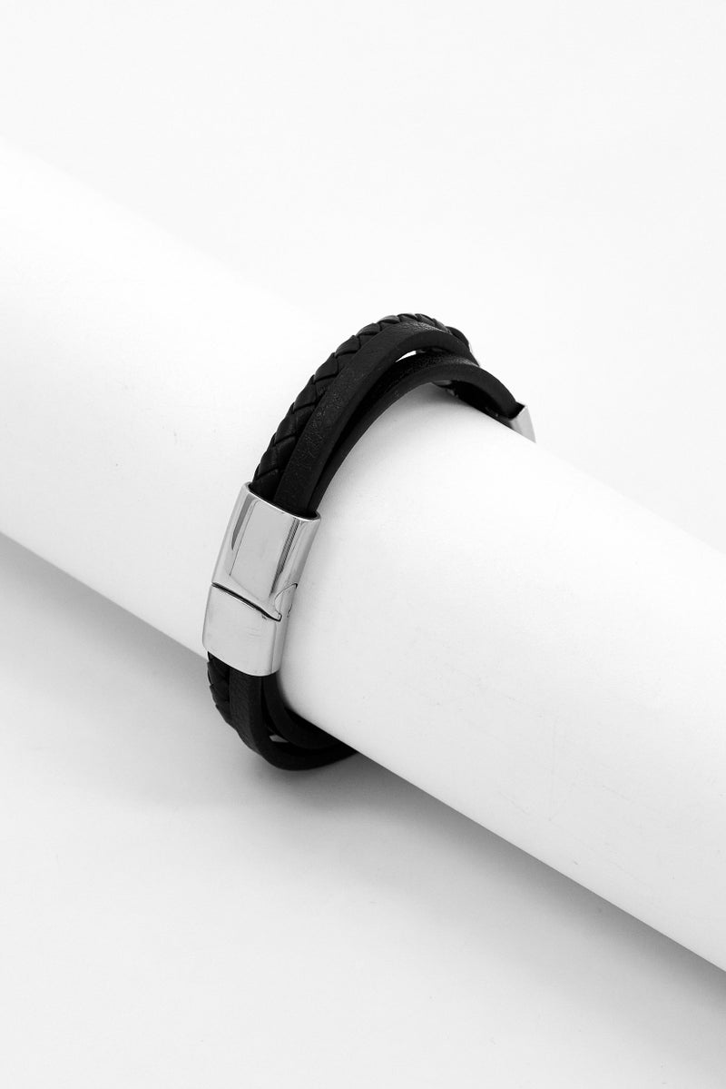 Steeltime Men Leather Braided Layered Bracelet, Black - Image 2