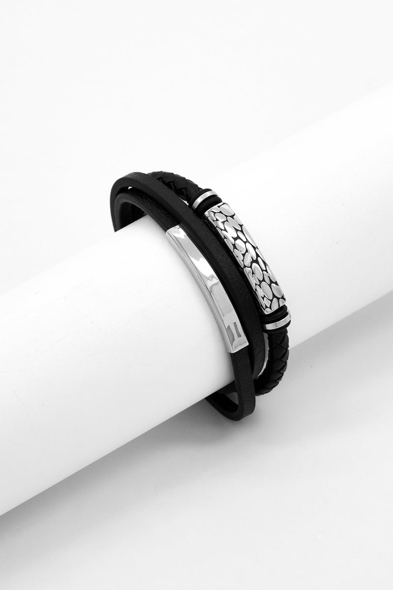 Steeltime Men Leather Braided Layered Bracelet, Black - Image 1