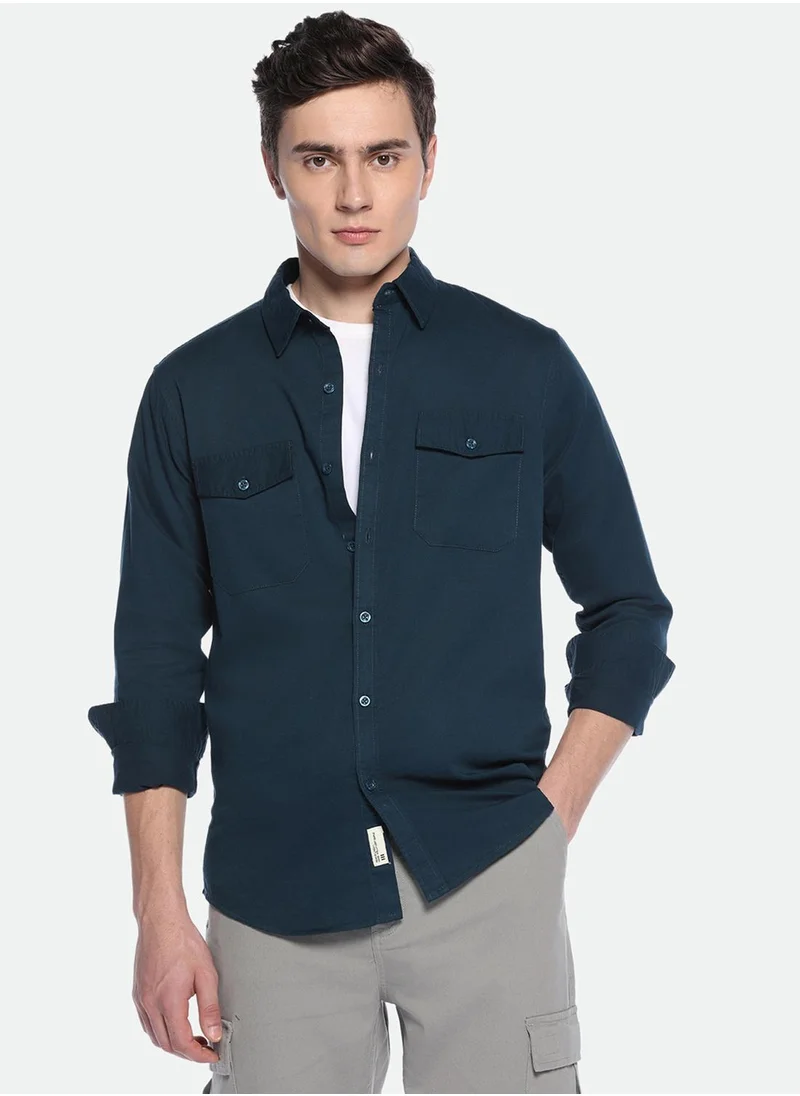 Dennis Lingo Men's Blue 100% Cotton Solid Button Down Regular Fit Shirt