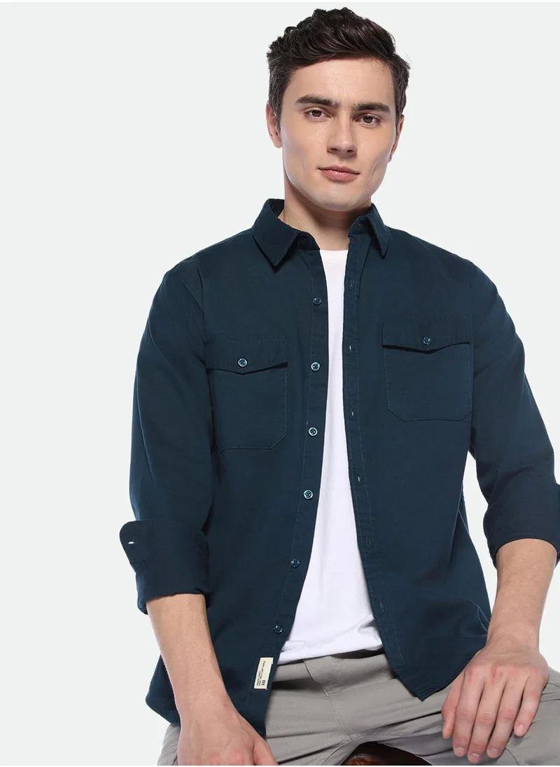 Dennis Lingo Men's Blue 100% Cotton Solid Button Down Regular Fit Shirt